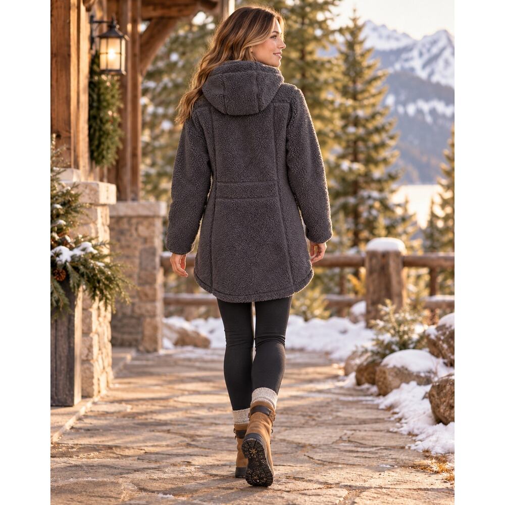 L.L.Bean Mountain Pile Fleece Coat M Gray Sherpa Hooded Gorpcore Outdoor Casual - Picture 2 of 16